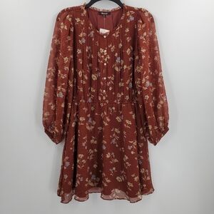 Madewell Norma Rae Floral Printed Long Sleeves Mini Dress Dark Merlot Medium